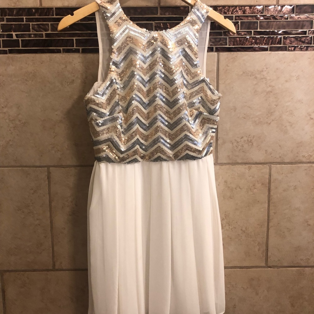 Macy’s B. Darlin White Silver and Gold dress